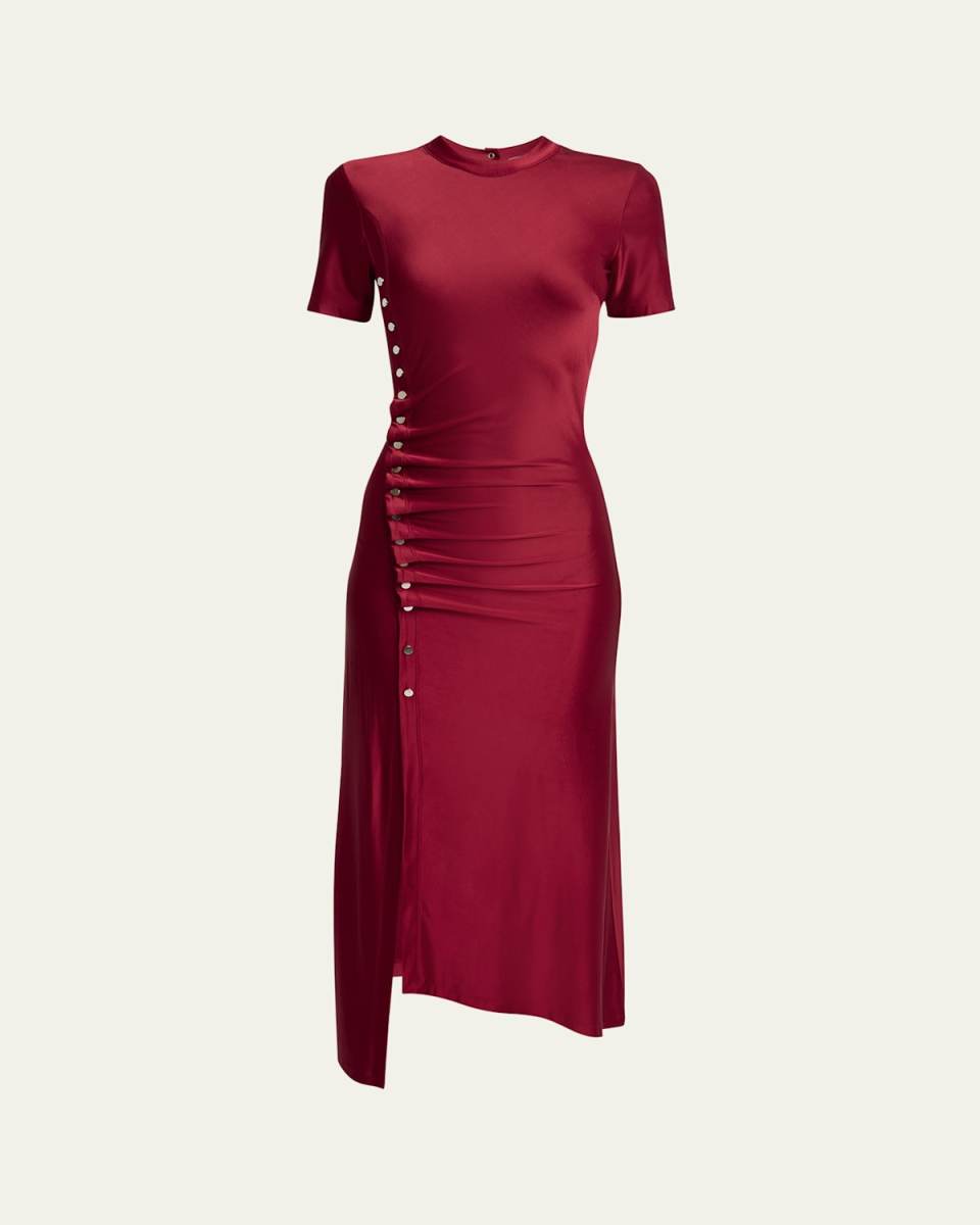 Side Button Ruched Midi Dress